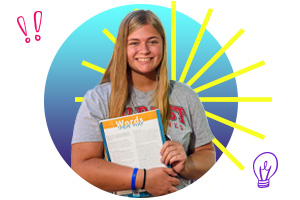 A female student holding a book inside of a gradient circle