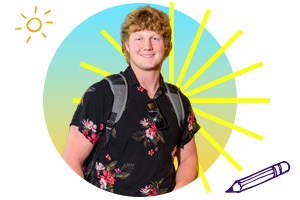 A male student with a backpack inside of a gradient circle