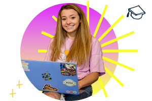 A female student with a laptop inside of a gradient circle