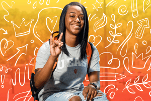 A student wearing an IU East t-shirt smiles against a background of doodles and hand drawn illustrations