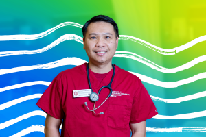 A blue and green collage of a male IU East Nursing student in a training room, with hand drawn illustrations