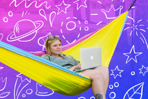 Purple and blue collage of a young woman studying in a hammock on the IU East campus