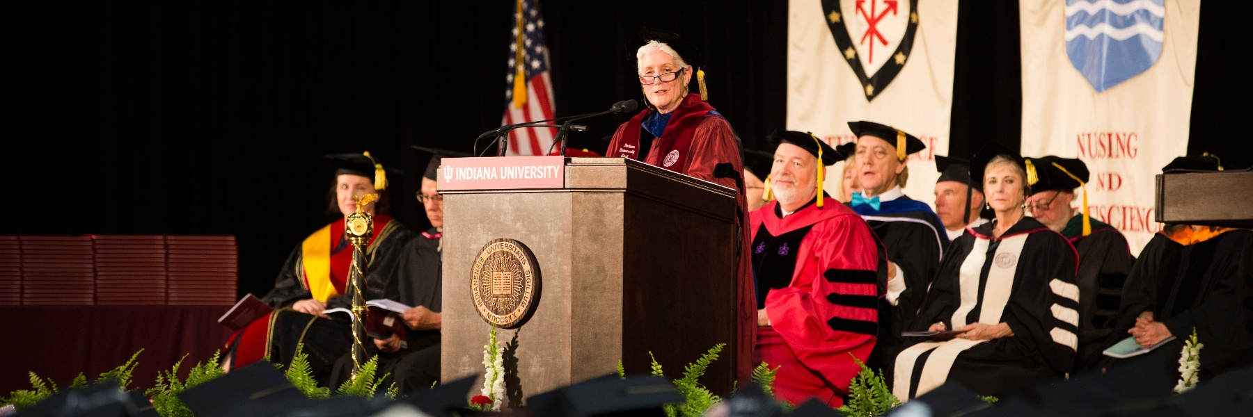 Chancellor Kathryn Girten addressing students at Commencement.