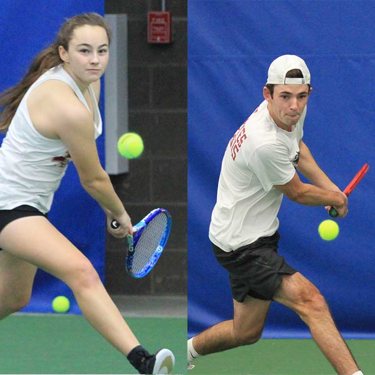 Split image of two IU East men's and women's tennis athletes running to hit the ball.