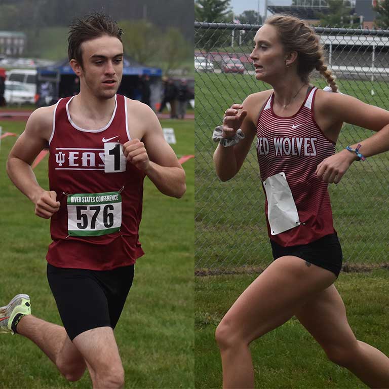 Split image of two IU East men's and women's cross country/track teams running.